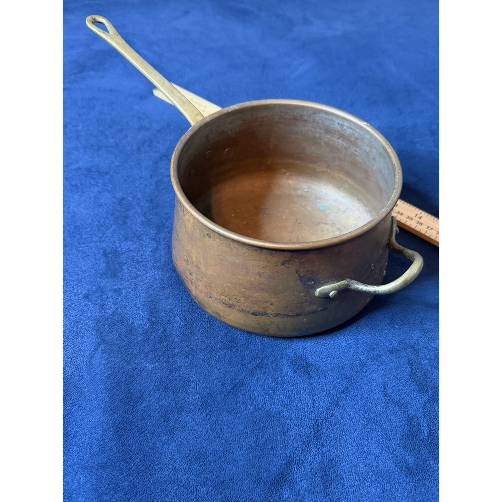 Vintage 70s Solid Copper Cook Pot Sauce Saute Pan Two Brass Handles 2.5 Qt Korea